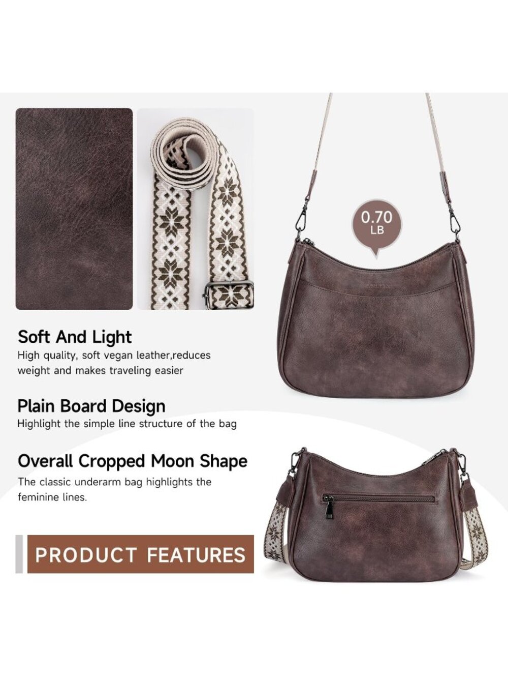👜Women's Taupe Leather Crossbody Purse Shoulder Bag Wide Strap Travel - Picture 5 of 6